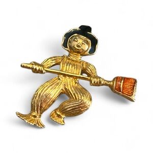 Gold Scarecrow Brooch with Broom